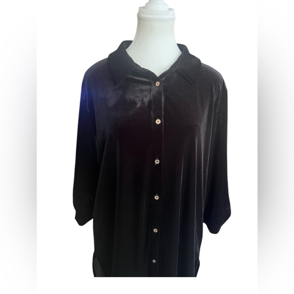 Calvin Klein Blouse Size Large Black Velvet Button Up Whimsigoth Witchy Holiday - Picture 2 of 12